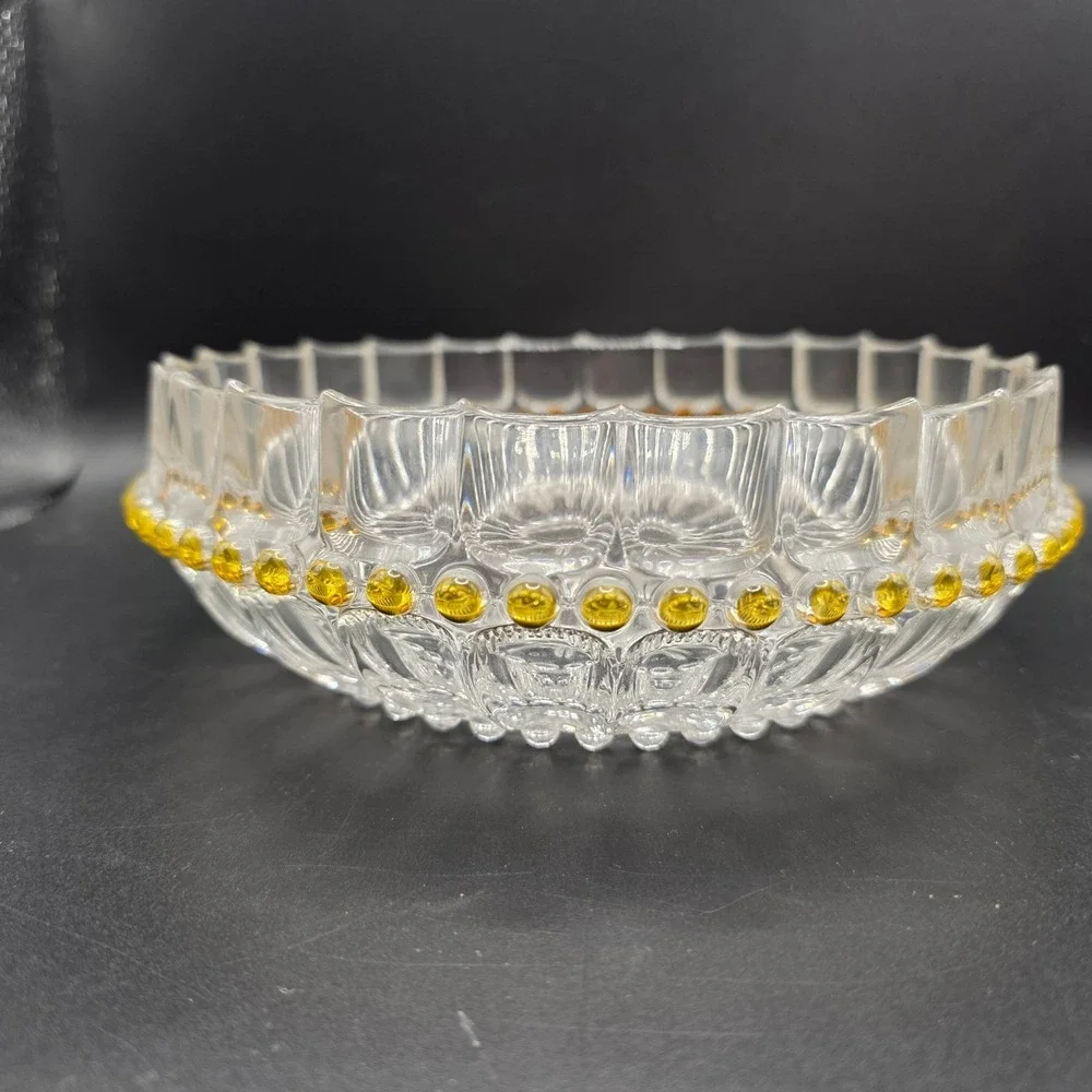 Vintage Pressed Glass Bowl Scalloped Edge Amber Bead Trim Clear Centerpiece 8.5